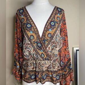 Free People boho wrap top with bell sleeves size S